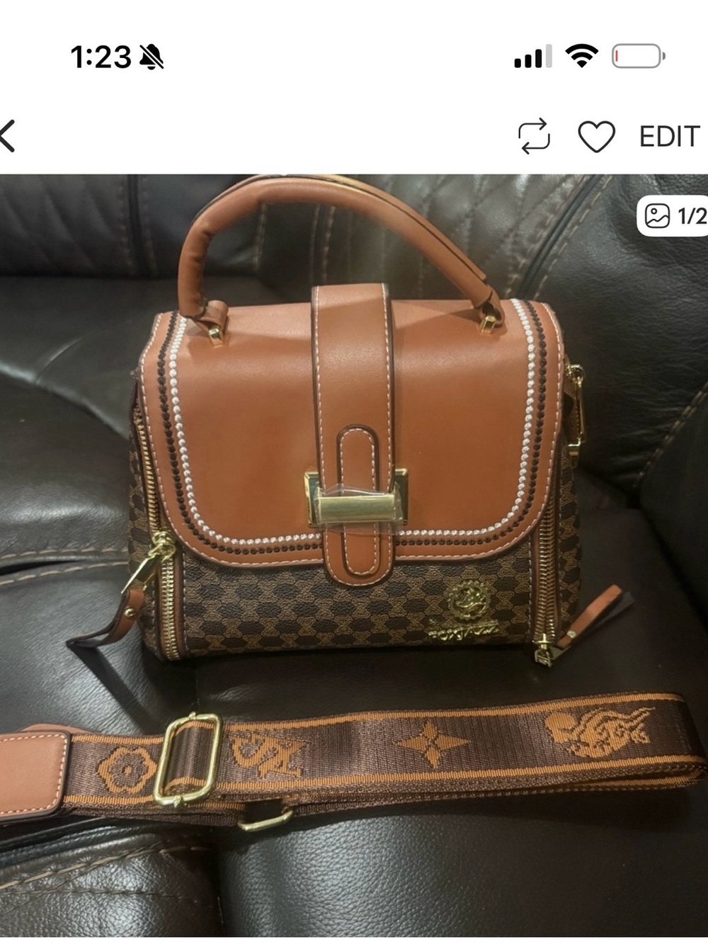 Brown Top-Handle Satchel Bag with Detachable Strap